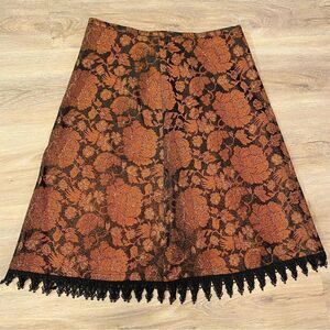 NEW ANNI KUAN A-LINE BRONZE & BLACK SEMI METALLIC ACCENT LACED HEM MIDI SKIRT 4